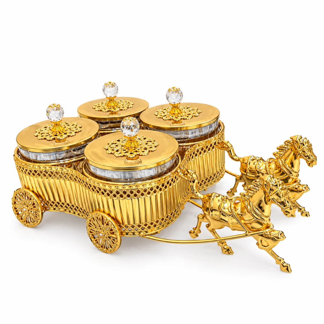 Gold Finish Horse Cart Design Dry Fruit Container Set With 4 Glass Jars