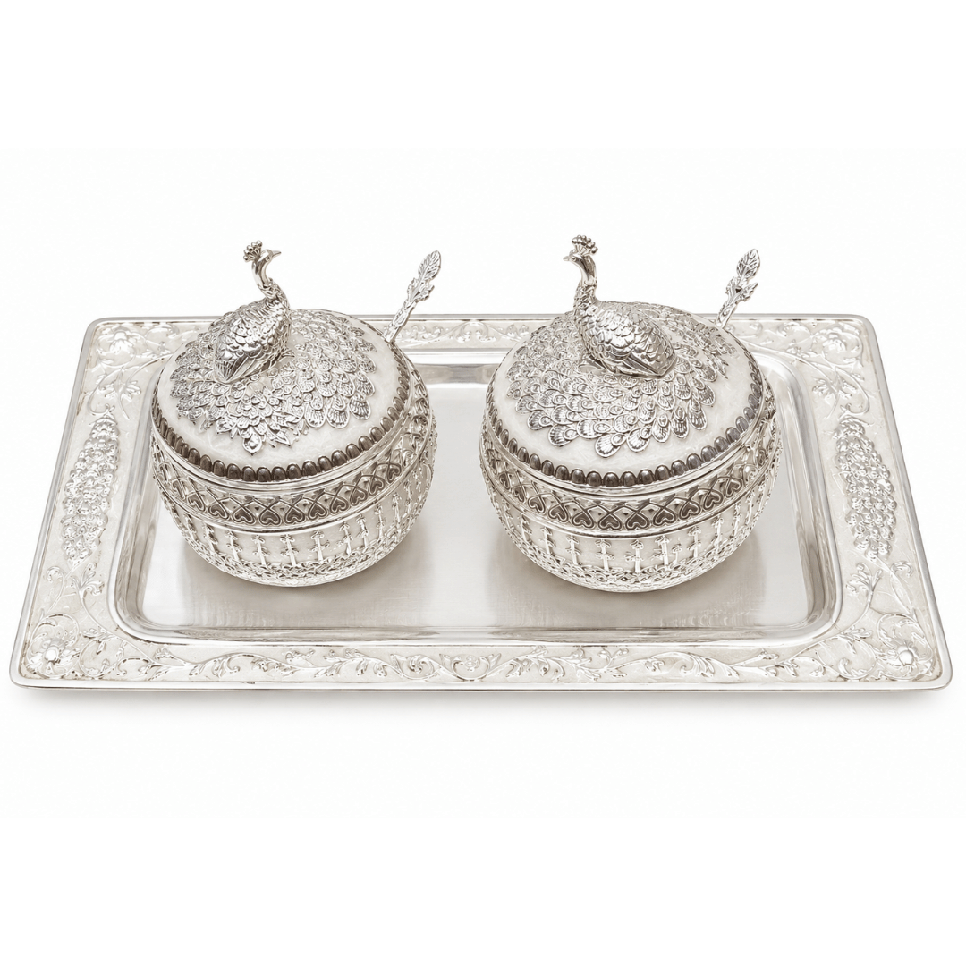 Rectangle Peacock Tray with 2 Candy Pots - Dry Fruit