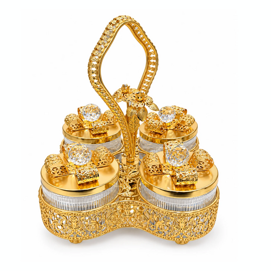 Gold Finish Dry Fruit Container, Bow Design Lid Cover  Set with 4 Glass Jars