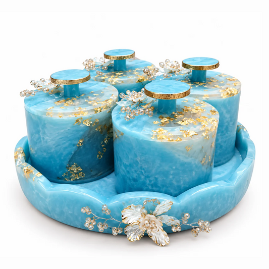 Resin Blue Dry Fruit Round Tray With 4 Jars