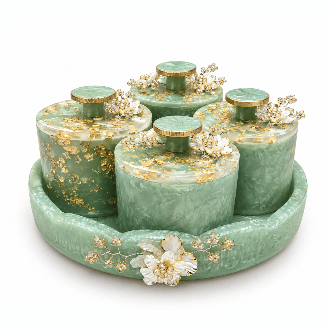 Resin Green Dry Fruit Round Tray With 4 Jars