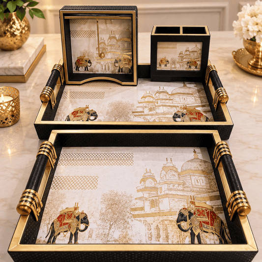 Black Mughal Design Tray Combo Set