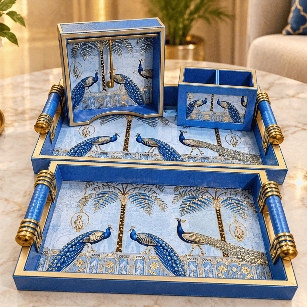 Blue Braj Inspired Peacock Design Tray Combo Set
