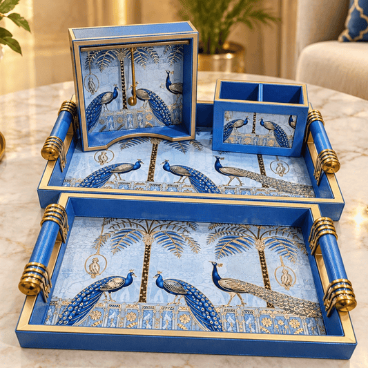 Blue Braj Inspired Peacock Design Tray Combo Set