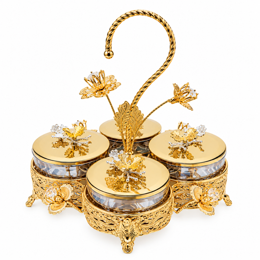 Gold Finish Dry Fruit Container, Orchid Design Lid Cover  Set with 4 Glass Jars