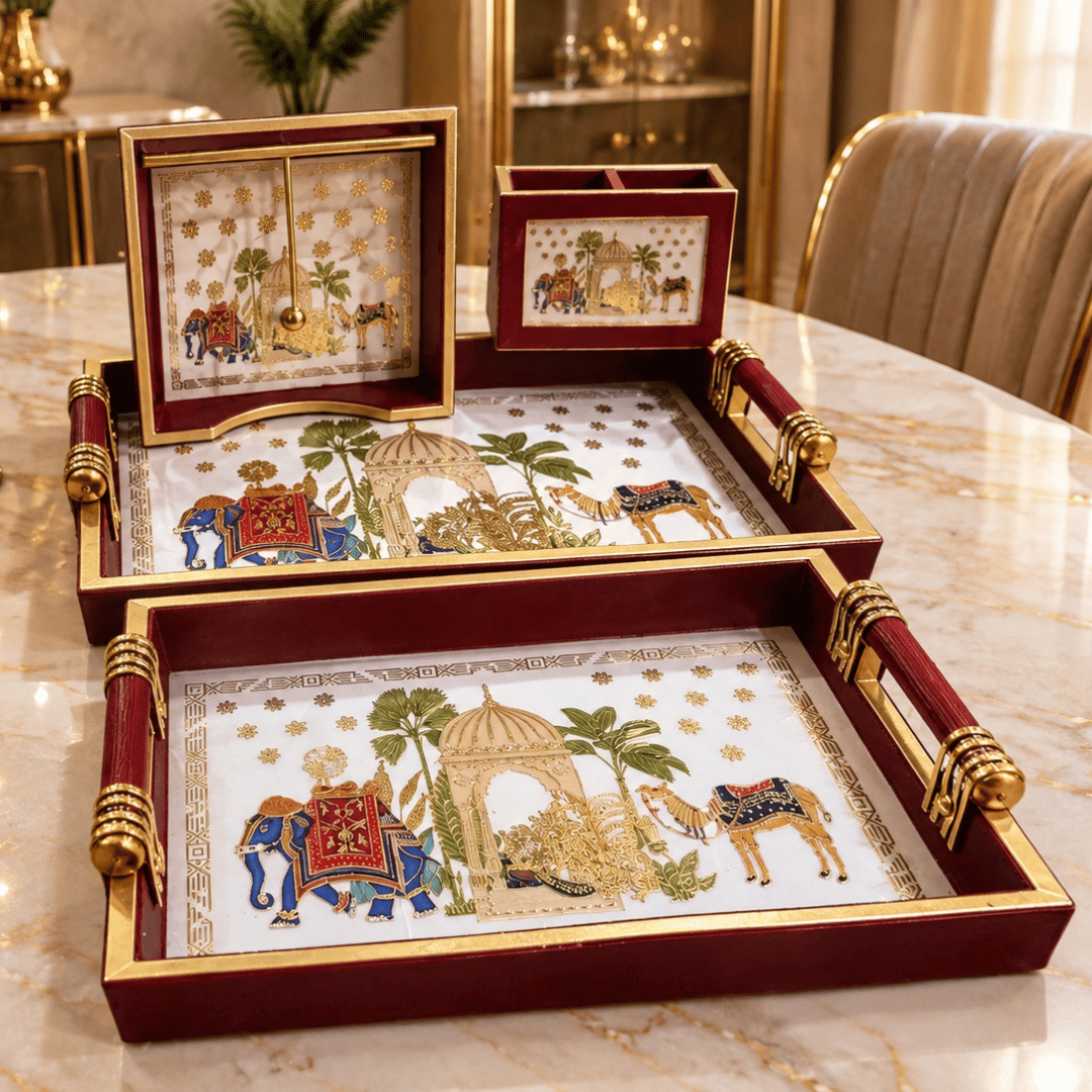 Mehroon Mughal Design Tray Combo Set