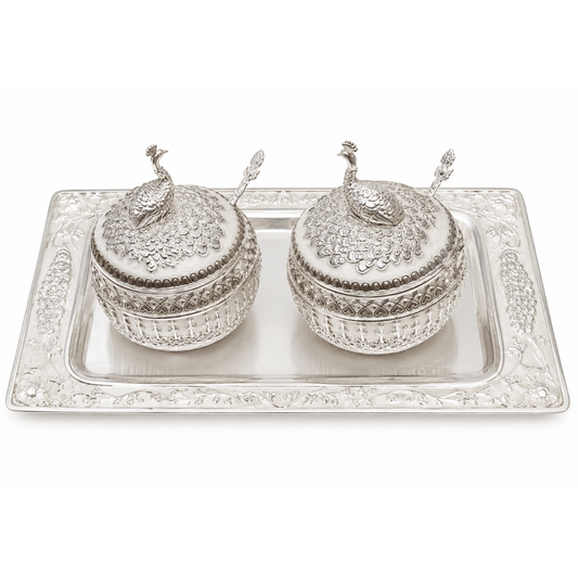 Rectangle Peacock Tray with 2 Candy Pots - Dry Fruit