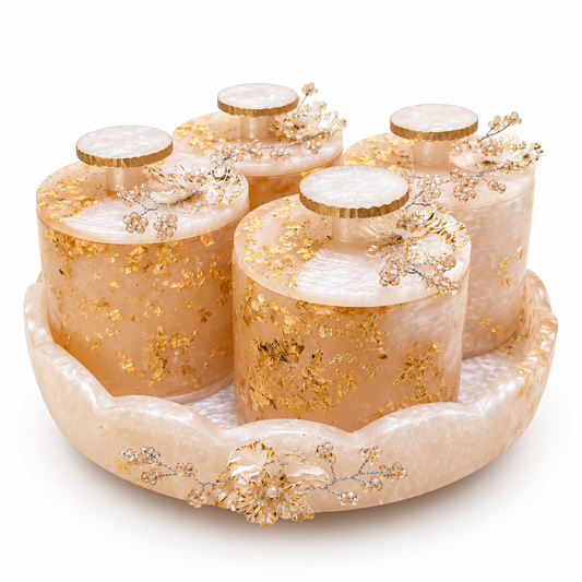Resin Peach Dry Fruit Round Tray With 4 Jars